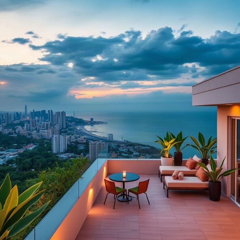 Terraço na cobertura de prédio em Recife com vista para a orla ao entardecer